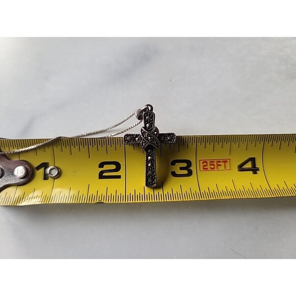 Italian 925 Sterling Silver Marcasite Cross Pendant Necklace Vintage, READ - Picture 8 of 10
